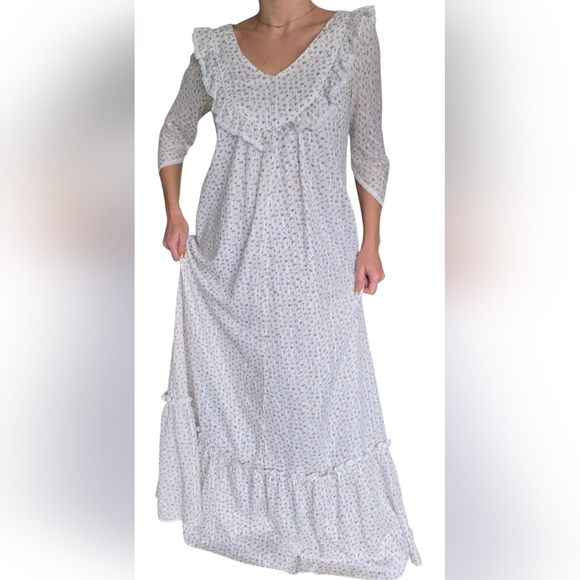 VTG 80s Carol Bennett White Ditsy Floral Hawaiian Muumuu Maxi Dress S/M Cottage - Picture 5 of 16